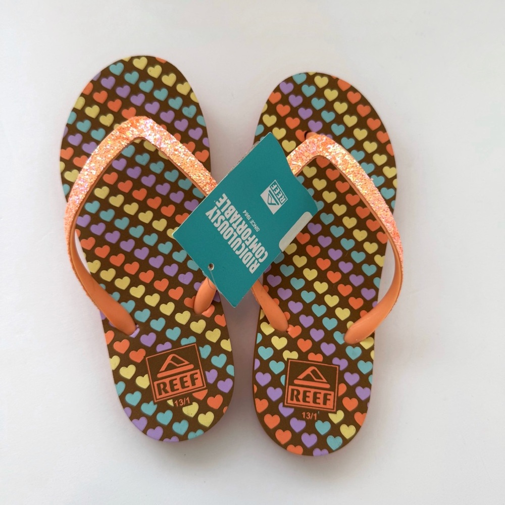 Reef kids orange brown little mini heart stargazer print flip flop sandals - Picture 2 of 4